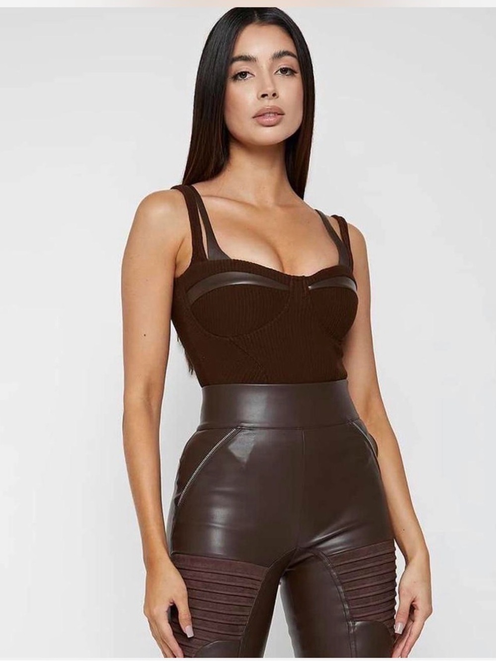 Maniere De Voir Chocolate Brown Twin Strap Ribbed Bodysuit US 0